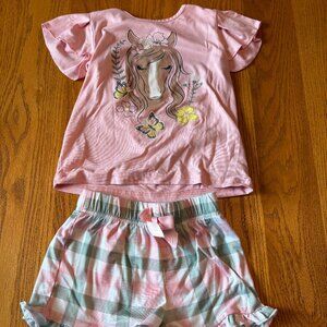 Cuddl Duds Girls Pajama Set XS 4/5 Pink Horse Top Plaid Shorts Sleepwear